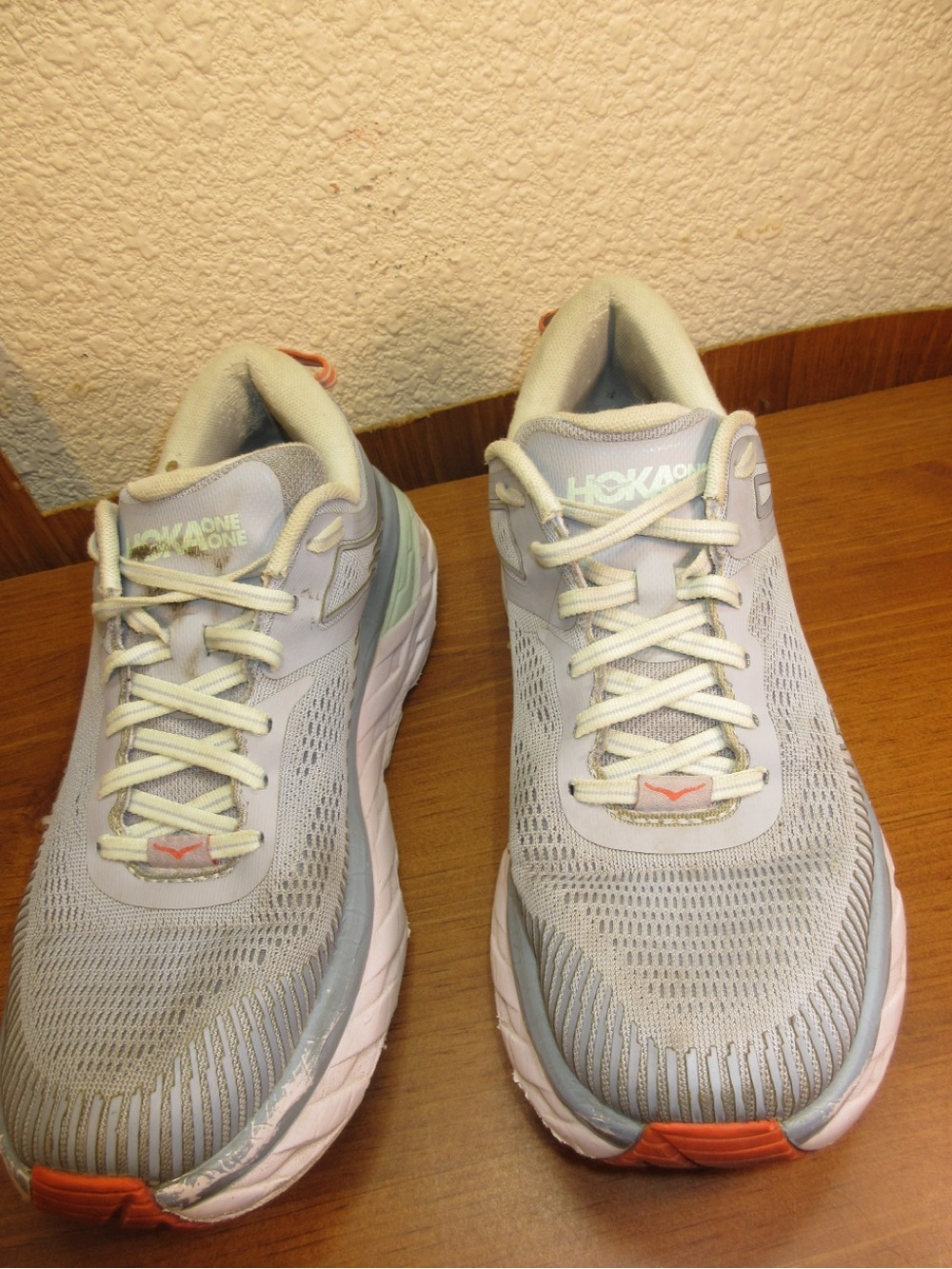 Hoka One One Women's Light Gray Running Shoes with Mint and Coral Accents